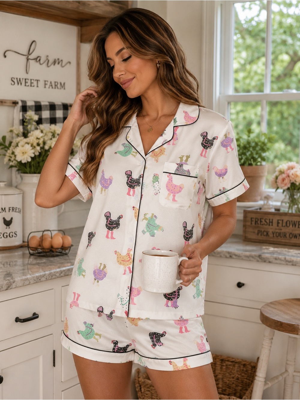 Chicken Print Satin Pajama Set Lounge Sleepwear , sizes L and XXL, NIB